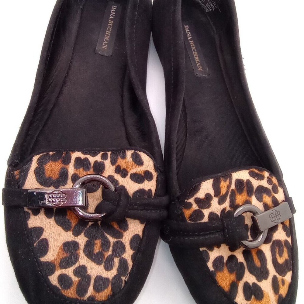 SALE 💥Dana Buchman Womens Leopard Black Leather Slip On Loafers Flat Calf Hair